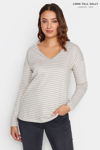 Long Tall Sally Cream Long Sleeve Stripe V-Neck T-Shirt (K77193) | £17
