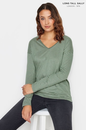 Long Tall Sally Green Long Sleeve Stripe V-Neck T-Shirt (K77205) | £17