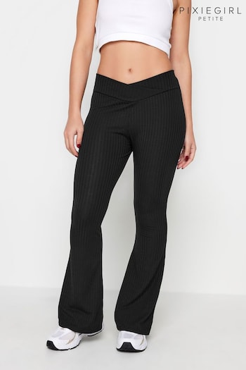 PixieGirl Petite Black V-Front Ribbed Flare Trousers (K77552) | £24