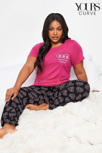 Yours Curve Pink Short Sleeve Wide Leg Pyjama Set (K77667) | £24