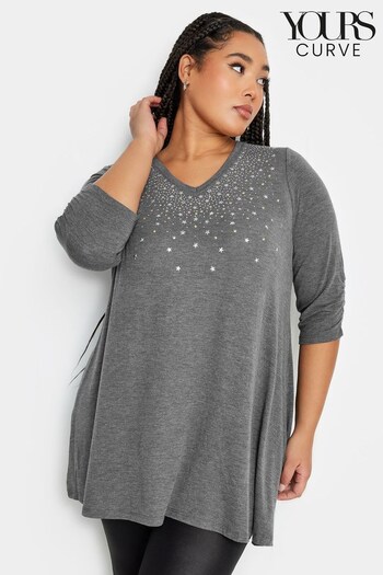 Yours Curve Grey Star Embellished T-Shirt (K77674) | £26
