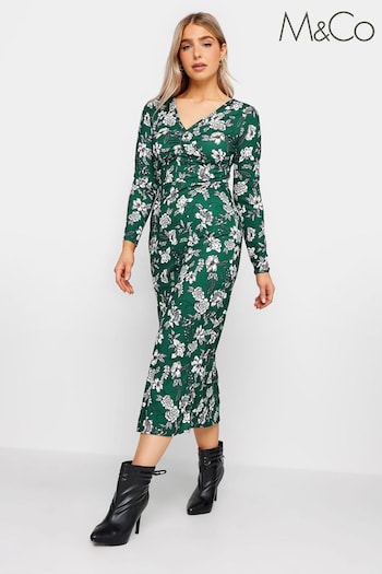 M&Co Green Gathered V-Neck Midi Dress (K77697) | £33