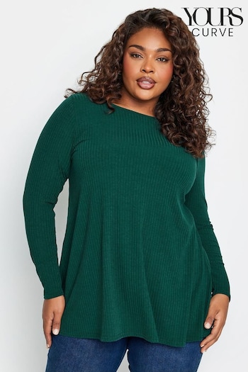 Yours Curve Green Long Sleeve Ribbed Swing Top (K77721) | £22