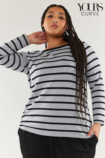 Yours Curve Grey Core Basic Long Sleeve Stripe T-Shirt (K77732) | £19