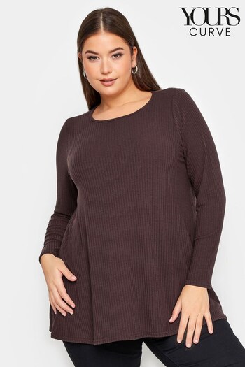 Yours Curve Brown Long Sleeve Ribbed Swing Top (K77758) | £22