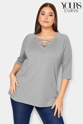 Yours Curve Grey Long Sleeve Lattice T-Shirt (K77760) | £19