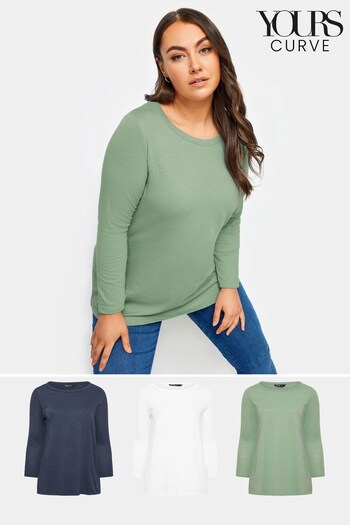 Yours Curve Blue Long Sleeve Scoop Neck Core Basic T-Shirts 3 Pack (K77763) | £29