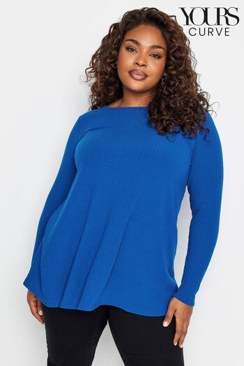 Yours Curve Blue Long Sleeve Ribbed Swing Top (K77777) | £22