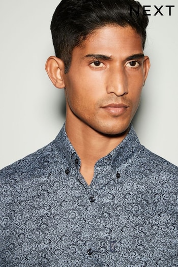 Navy Blue Floral Regular Fit Easy Iron Long Sleeve Single Cuff Printed Oxford Shirt (K77854) | £28