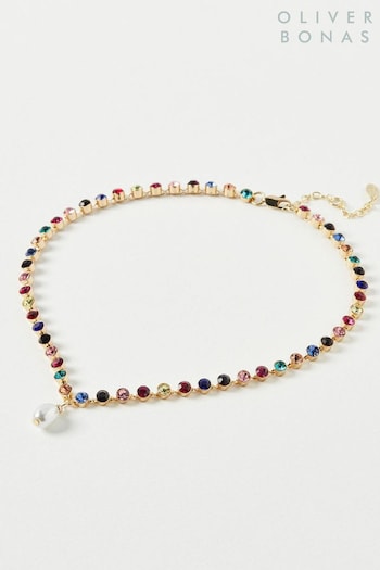 Oliver Bonas Black Tiffany Rainbow Stone Pearl Drop Short Necklace (K77950) | £26