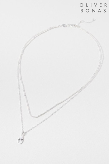 Oliver Bonas Silver Tone Antoinette Disc & Teardrop Layered Silver Necklace (K77979) | £55