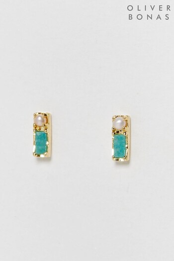 Oliver Bonas Blue Hyacinth Amazonite & Freshwater Pearl Gold Plated Stud Earrings (K77993) | £32
