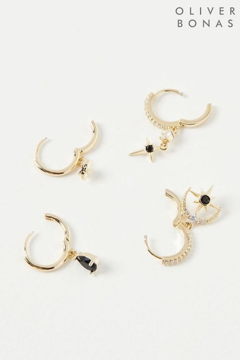 Oliver Bonas Matira Celestial Black & Gold Huggie Earrings 4 Pack (K78013) | £28