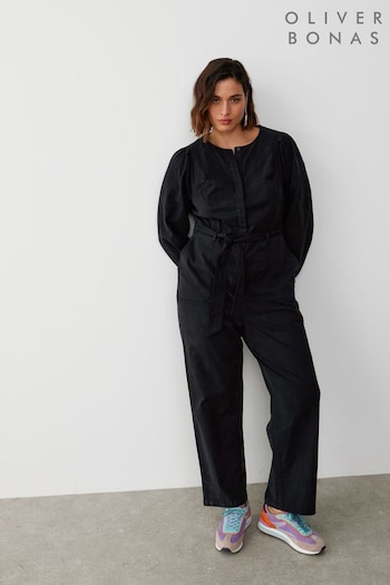 Oliver Bonas Pleat Sleeve Black Twill Jumpsuit (K78019) | £89.50