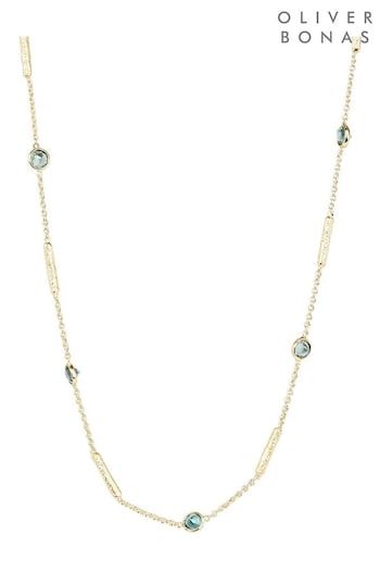 Oliver Bonas Green Katelyn Tourmaline & Bar Gold Plated Chain Necklace (K78020) | £55