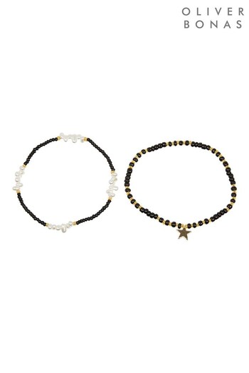 Oliver Bonas Lumi Black Bead & Faux Pearl Friendship Bracelet (K78022) | £19.50