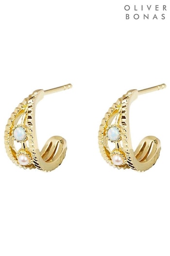 Oliver Bonas Gold Dottie Opalite & Freshwater Pearl Gold Plated Hoop Earrings (K78028) | £45