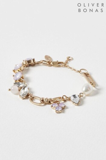Oliver Bonas Pink Celine Stone & Freshwater Pearl Chunky Chain Bracelet (K78043) | £22