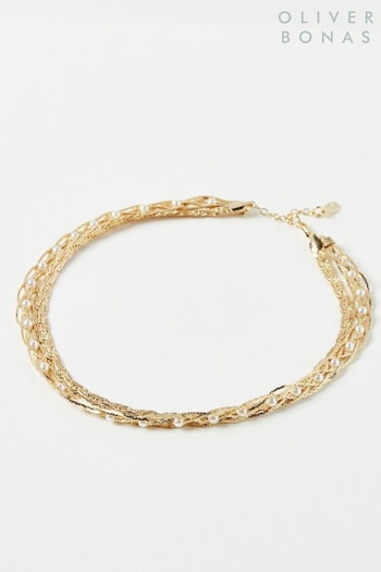 Oliver Bonas Mercia Plaited Chain & Faux Pearl Gold Layered Collar Necklace (K78045) | £29.50
