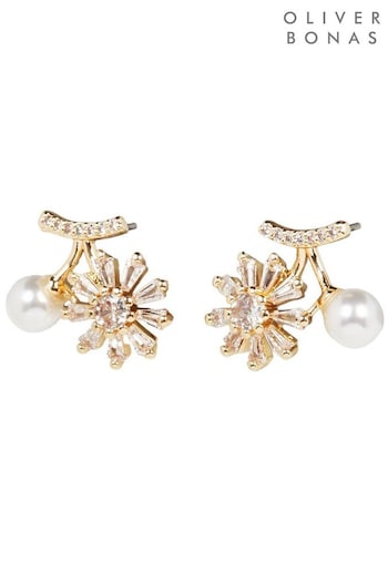 Oliver Bonas Gold Tone Celeste Faux Pearl & Baguette Stone Stud Earrings (K78048) | £12.50
