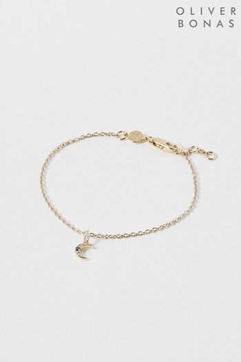 Oliver Bonas Adinia Crescent Moon Gold Plated Chain Gold/Green Bracelet (K78049) | £28