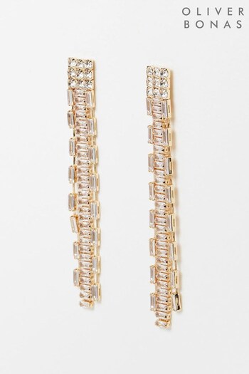Oliver Bonas Gold Tone Paloma Baguette Stone Chain Tassel Earrings (K78052) | £24