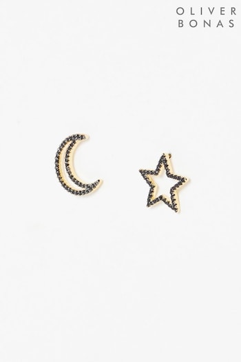 Oliver Bonas Black Neve Glitter Star & Moon Mismatch Stud Earrings (K78058) | £14