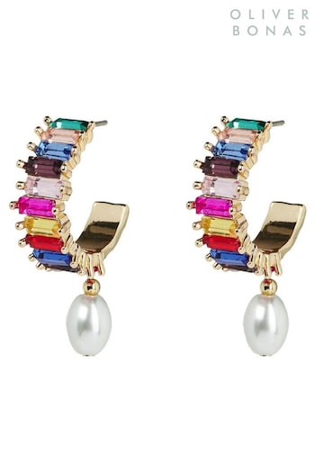 Oliver Bonas Tiffany Rainbow Stone & Faux Pearl Drop Hoop Black Earrings (K78060) | £22