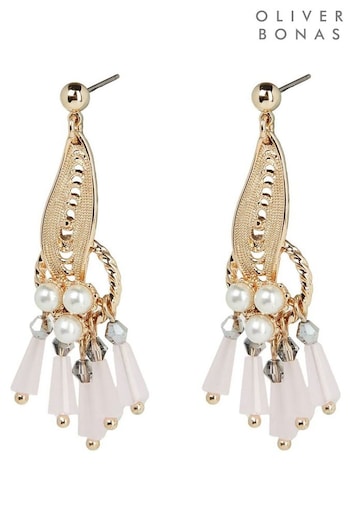 Oliver Bonas Gold Tone Clarice Faux Pearl & Fan Drop Earrings (K78062) | £22