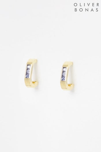 Oliver Bonas Blue Dina Engraved Lines Gold Plated Hoop Earrings (K78068) | £45