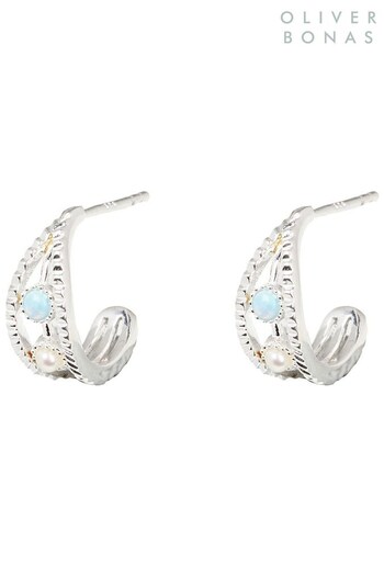 Oliver Bonas Dottie Opalite & Freshwater Pearl Silver Hoop Black Earrings (K78080) | £45