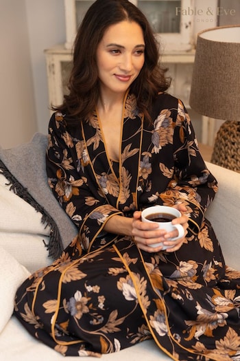 Fable and Eve Black Floral Print Long Sleeve Dressing Gown (K78093) | £80