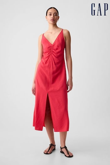 Gap Red Ruched Slip Midi Dress (K78119) | £45