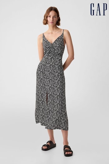 Gap Black/White Floral Ruched Slip Midi Dress (K78124) | £45
