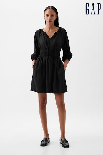 Gap Black Linen Cotton Long Sleeve Shirred Waist Mini Dress (K78131) | £40