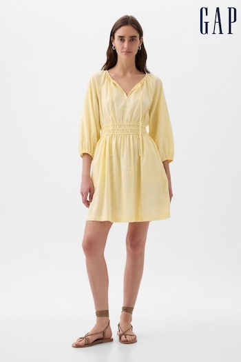 Gap Yellow Linen Cotton Long Sleeve Shirred Waist Mini Dress (K78137) | £40