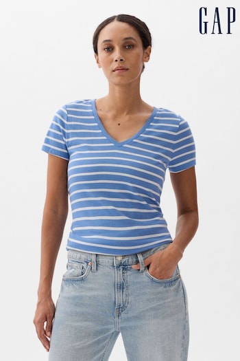 Gap Blue Stripe Favourite Short Sleeve V Neck Print T-Shirt (K78145) | £12