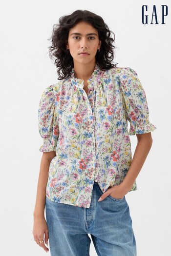 Gap White Floral High Neck Puff Sleeve Button Shirt (K78164) | £30