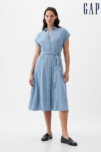 Gap Blue Denim Tie Waist Midi Shirt Dress (K78166) | £60