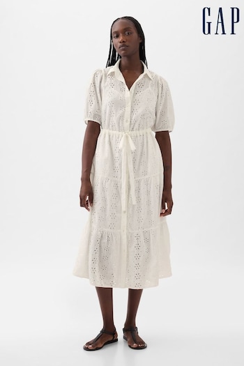 Gap White Eyelet Tie Waist Tiered Midi Dress (K78177) | £70