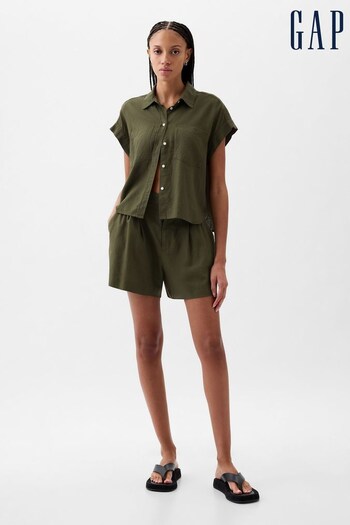 Gap Olive Green Linen-Blend Short Sleeve Cropped Shirt (K78183) | £35