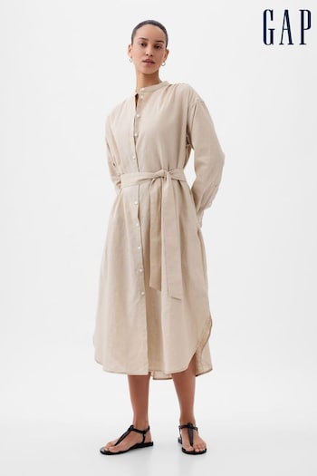 Gap Neutral Linen Blend Long Sleeve Shirt Dress Pocket (K78193) | £60