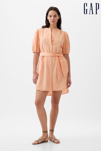 Gap Orange Linen Blend Short Puff Sleeve Mini Shirt Dress (K78197) | £55