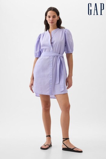 Gap Purple Linen Blend Short Puff Sleeve Mini Shirt stone Dress (K78198) | £55