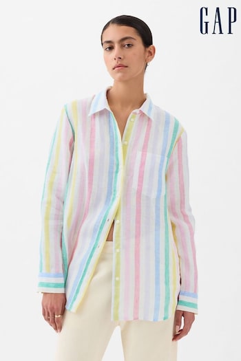 Gap White and Mutli Stripe Linen Long Sleeve Oversized Shirt (K78200) | £50