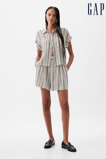 Gap Neutral Stripe Linen-Blend Short Sleeve Cropped Shirt (K78205) | £40