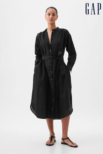 Gap Black Linen Blend Long Sleeve Shirt stone Dress (K78224) | £60