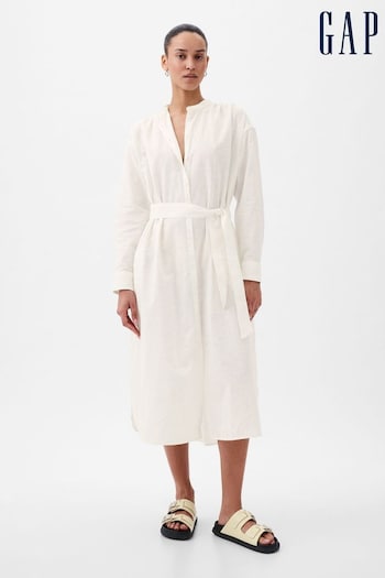 Gap White Linen Blend Long Sleeve Shirt Dress (K78236) | £60