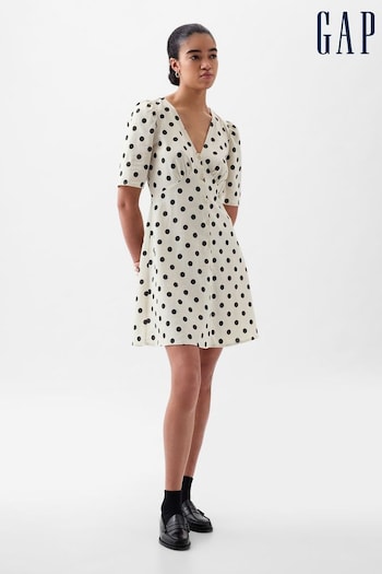 Gap White Polka Dot Linen Cotton Elbow Sleeve Mini Dress (K78240) | £40
