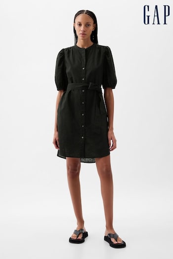Gap Black Linen Blend Short Puff Sleeve Mini Zinko Shirt Dress (K78246) | £55